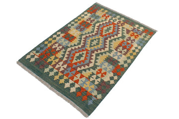 Flat Weave Kilim, Antique, Navaho, Vintage, Handmade, Geometric Kilim Blue Green Hand-Woven Rectangle 100% Wool Area Rug 3 x 4